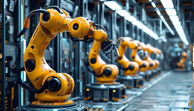 Automated robotic arms assembling products in a high-tech factory industrial environment focused perspective on robotics and automation efficiency