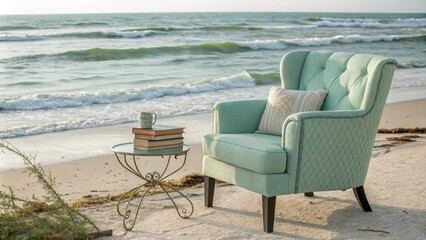 An oversized armchair upholstered in a soft seafoam fabric sits in the corner accompanied by a small side table holding a stack of coastalthemed books perfect for leisurely reading