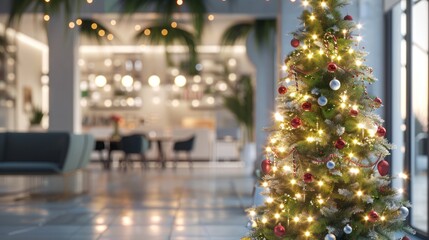 Office Christmas party with decorated indoor Christmas tree