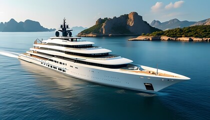 Obraz premium Luxury yacht sailing through serene waters exotic island photography coastal environment aerial view opulence and adventure