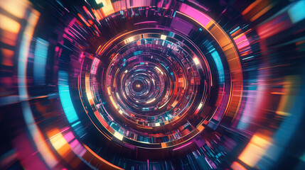 Fototapeta premium The image showcases a vibrant and dynamic abstract pattern characterized by concentric circles of light and color. A mixture of bright hues including pink, teal, orange, and purple creates a sense of 