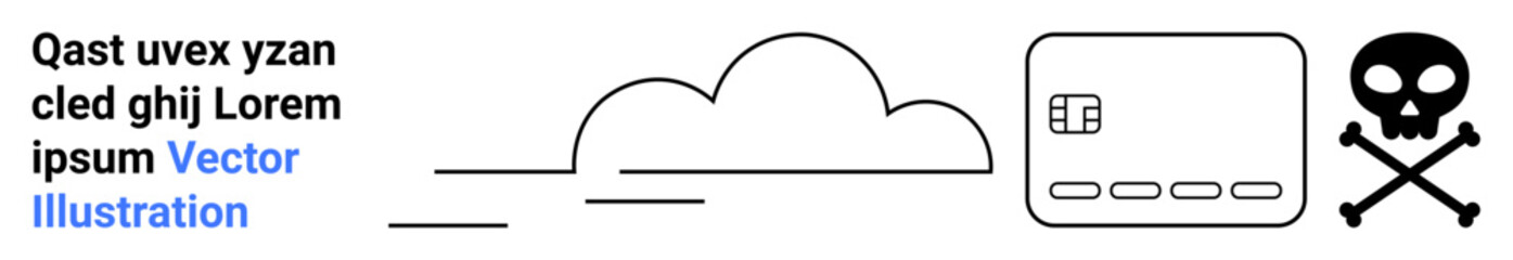 Black and white line art showing a cloud, a chip, and a skull and crossbones. Ideal for cybersecurity, data protection, cloud storage, digital threats, online security privacy and risks. Landing