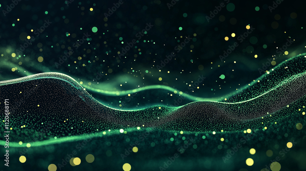 Wall mural emerald flow: a mesmerizing abstract backdrop of shimmering green particles, flowing and dancing in 