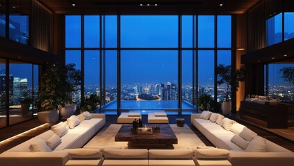Luxurious penthouse living room with infinity pool and city view at night.