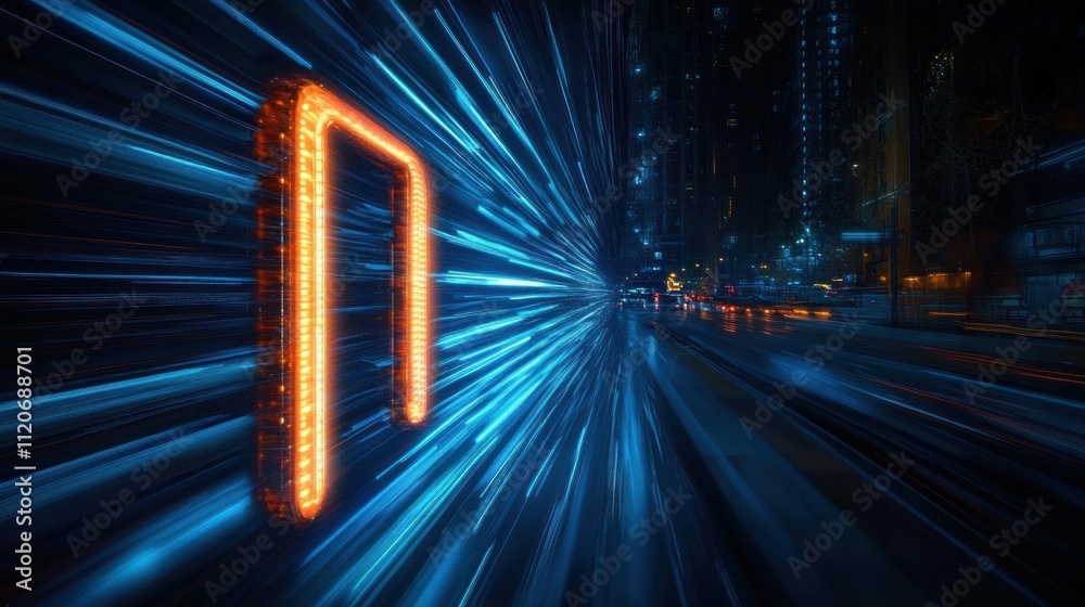 Poster futuristic night cityscape with speed motion light trails and dynamic composition in neon blue and t