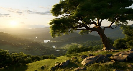 a lone tree on the side of a hill with water in background