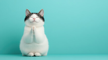 Cat in Yoga Pose on Turquoise Background
