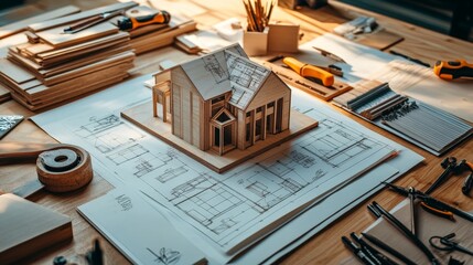 Workshop with woodworking tools, sketches, and materials laid out, preparing for a creative project