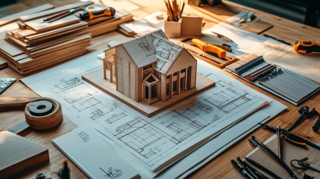 Workshop with woodworking tools, sketches, and materials laid out, preparing for a creative project