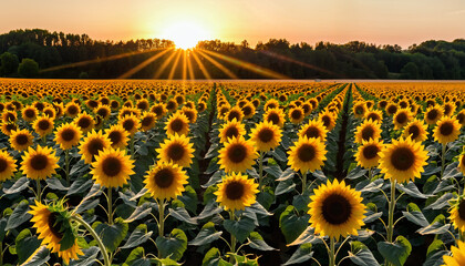 Fototapeta premium Sunflower field at golden hour with radiant blooms and warm sunset glow. 