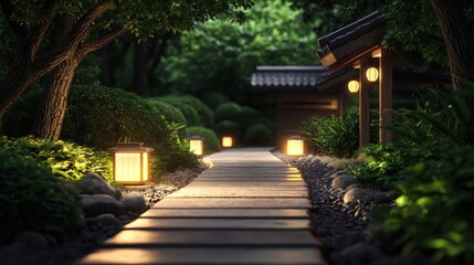 Fototapeta premium Serene garden pathway illuminated by lanterns at dusk