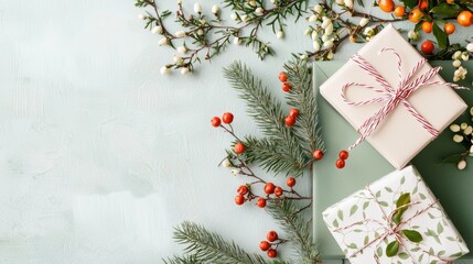 Festive holiday gifts surrounded by seasonal greenery