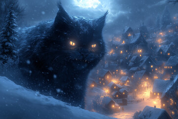 Illustration of the Yule cat, a huge and vicious cat from Icelandic Christmas folklore that lurks in the snowy countryside