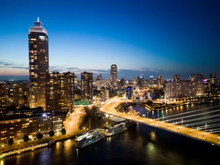 Aerial view of the city of Rotterdam at sunset, The Netherlands