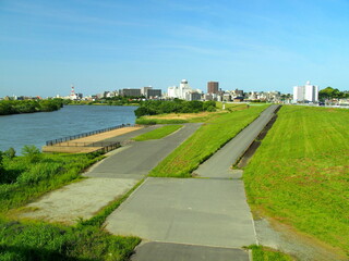 災害用緊急船着き場のある初夏の江戸川風景