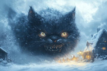 Illustration of the Yule cat, a huge and vicious cat from Icelandic Christmas folklore that lurks in the snowy countryside