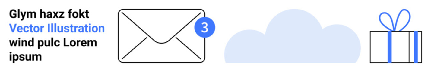 Envelope with notification bubble, cloud, and gift box represent digital communication, storage, and rewards. Ideal for email services, cloud storage, celebrations, notifications digital gifts