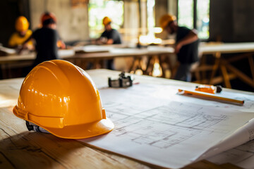 A construction site with a yellow hard hat and blueprints on a table