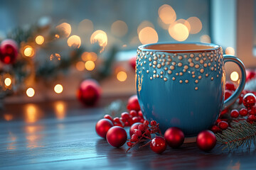 Holiday-themed coffee mug with decorations