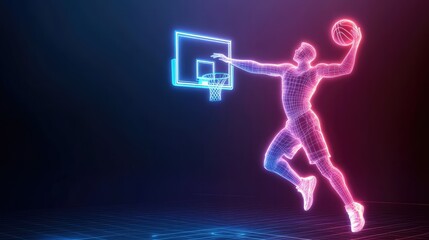 Fototapeta premium Dynamic wireframe athlete glowing in neon colors performs powerful slam dunk motion captured in futuristic digital side profile against dark space.