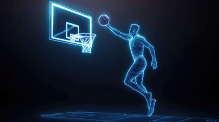 Dynamic wireframe athlete glowing in neon colors performs powerful slam dunk motion captured in futuristic digital side profile against dark space.