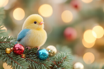 Cute baby yellow bird on Christmas tree with copy space suitable to be used as a greeting card or Christmas card.