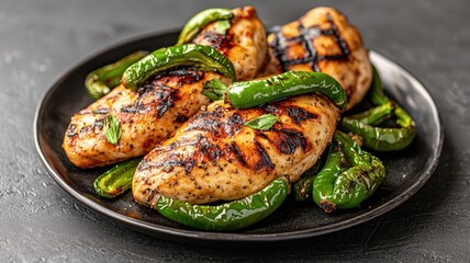 Smoky grilled chicken breast with roasted green pepper. Healthy food with high protein content.