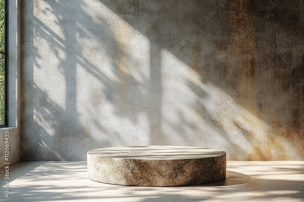 Poster natural stone platform for cosmetic display with sunlit shadows and textured background