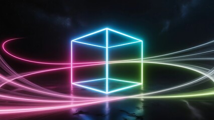 Fototapeta premium Neon cube with glowing light trails