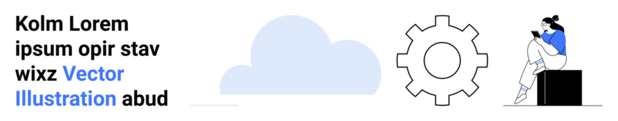 Woman seated on a block working on a laptop, cloud icon, and gear icon. Ideal for technology, cloud computing, innovation, technical support, digital solutions remote work online learning. Landing