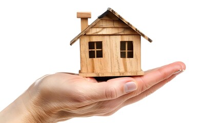 Small house in the human hands, real estate banner 