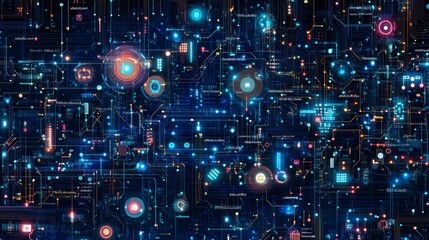 Abstract digital circuit board with glowing nodes and connections. (1)