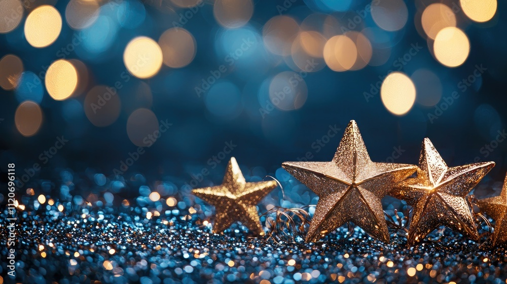 Poster glittery new year background with stars and soft golden lights