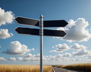 Blank black signpost with four planks in opposite way. Mock up, templateon sky background