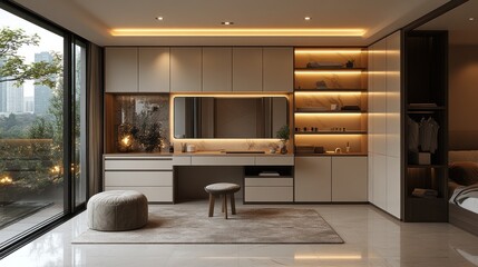 Modern minimalist bedroom with built-in vanity, large mirror, and city view.