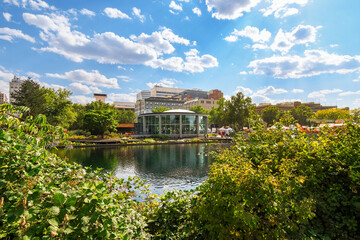 View of the carousel at Riverfront Park along the Spokane River in downtown Spokane, Washington,...
