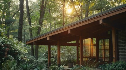 Fototapeta premium Shed Roof Extension: A straightforward roof addition that extends outward, commonly used for porches or outdoor spaces, offering a modern, functional design. 