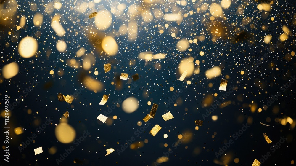 Poster Golden confetti and Happy New Year text on a bokeh background 