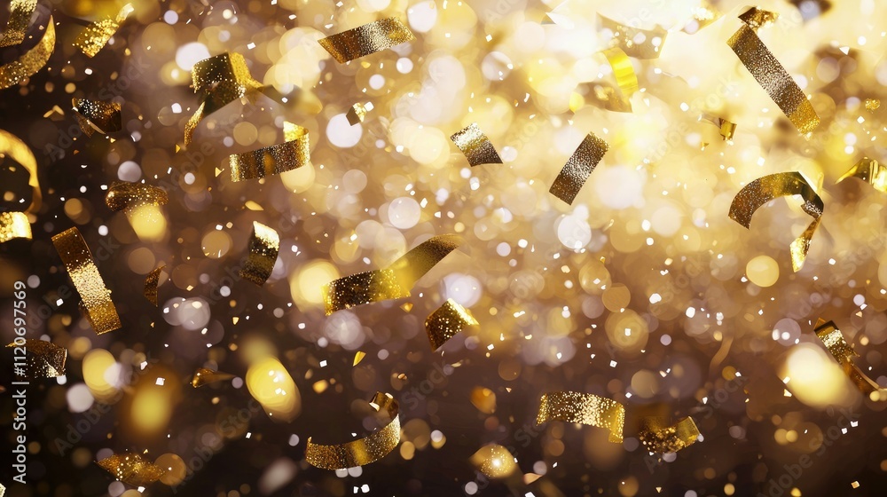 Poster Golden confetti and Happy New Year text on a bokeh background 