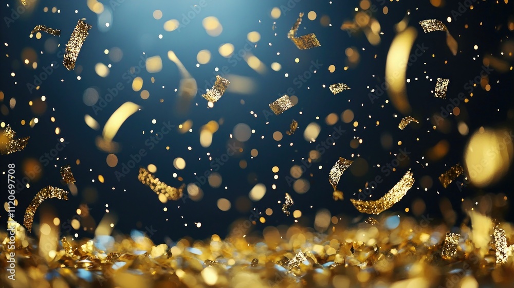 Poster Golden confetti and Happy New Year text on a bokeh background 
