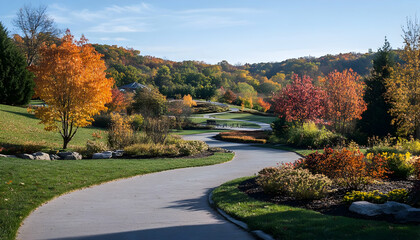 A winding path through a colorful autumn park with vibrant trees and lush greenery.