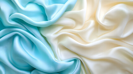 Obraz premium Luxurious light blue and ivory silk fabric, elegantly draped and flowing. Soft, smooth texture and rich color create a sophisticated background.