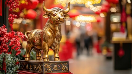 Fototapeta premium Golden ox statue and red decorations for Chinese New Year 