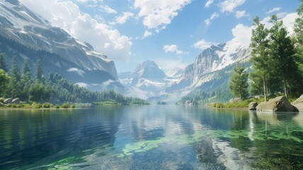 Photorealistic image of a tranquil mountain lake with surrounding snow-capped peaks
