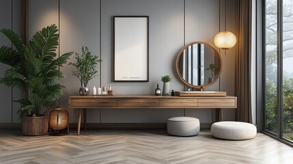 Modern minimalist vanity with wooden console, round mirror, and potted plants in a bright room with herringbone floor.