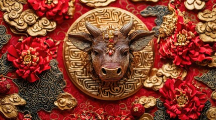Fototapeta premium Chinese New Year decorations featuring the Year of the Ox symbol 