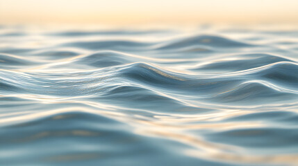 Close-up view of gentle ocean waves at sunset. Soft, calming blue and gold hues. The surface of the water is smooth with subtle ripples. Peaceful and serene.