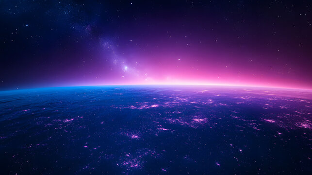 Stunning view of a vibrant alien planet at sunset, with a purple and pink sky filled with stars. The planet's surface shimmers with city lights, creating a futuristic and ethereal atmosphere.