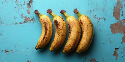 Ripe Bananas on Turquoise Background, Fresh Tropical Fruit, Aesthetic Yellow Bananas, Seasonal Summer Food