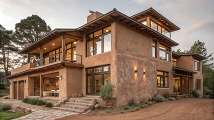 A multistory home featuring organic clay plastering which provides excellent insulation while maintaining a natural appearance.